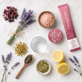 OmegaLytes Calm calming-ingredient flat lay with hibiscus, lavender, chamomile, green tea and pumpkin seeds
