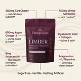 OmegaLytes Limber ingredients — tart cherry, omega-3, astaxanthin, white curcumin, hyaluronic acid, collagen, magnesium, L-theanine